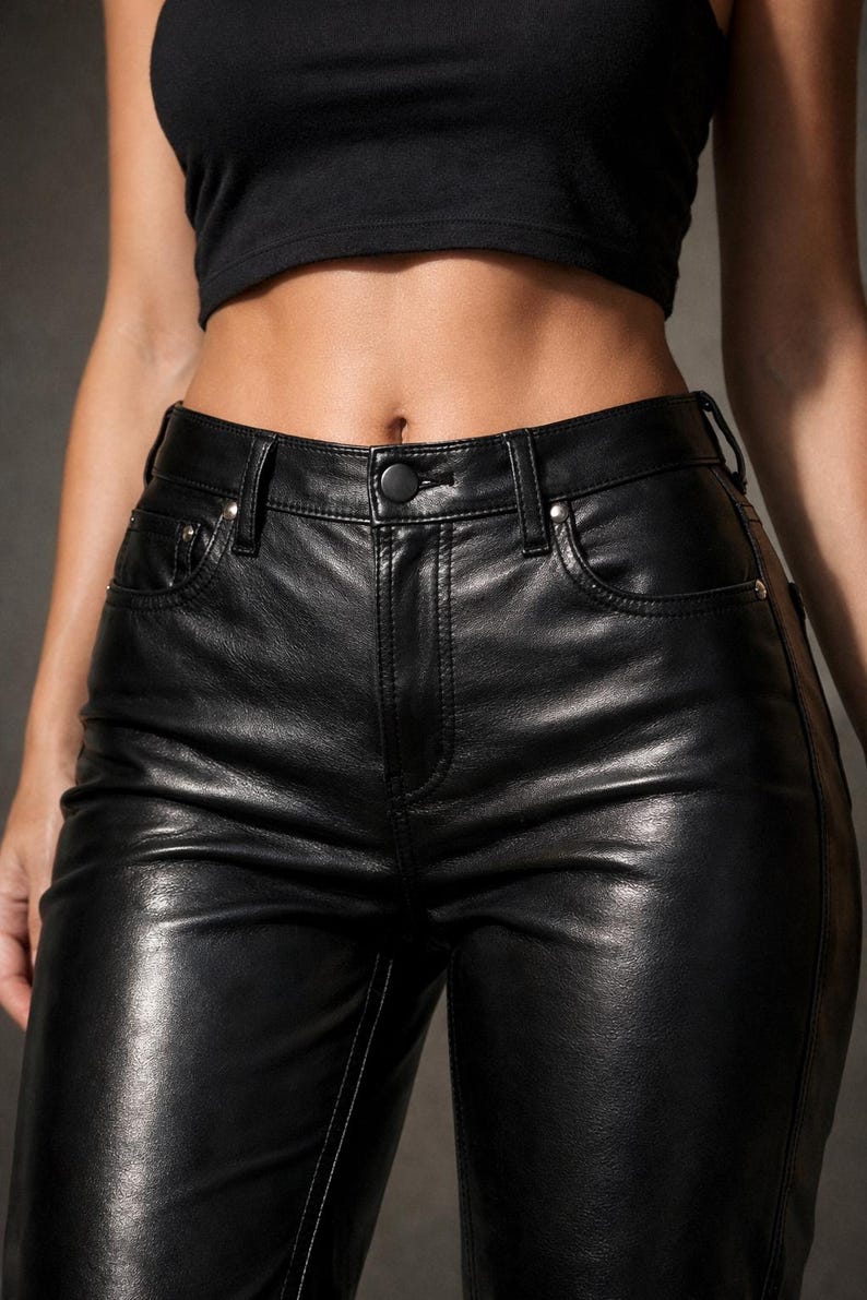 May include: Close-up of black leather pants with a button closure and pockets. The pants are high-waisted and have a shiny finish. The image shows a black crop top.