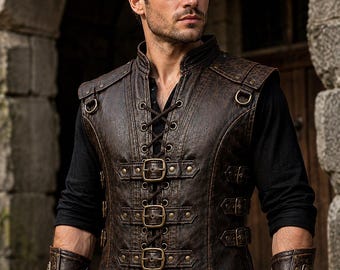 Men’s Brown Leather Armor Vest Medieval Viking LARP Costume Renaissance Outfit Fantasy Warrior Corset Vest Buckle Front Handmade