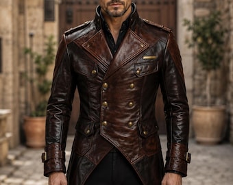 Mens Brown Genuine Leather Trench Coat Handmade Military Steampunk Gothic Long Jacket Vintage Renaissance LARP Cosplay Leather Coat
