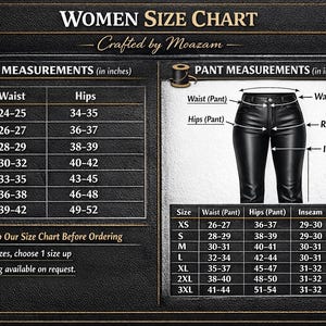 May include: Women's size chart with body and pant measurements in inches. Includes waist and hip measurements for sizes XS to 3XL. The chart also shows the rise and inseam measurements for pants.