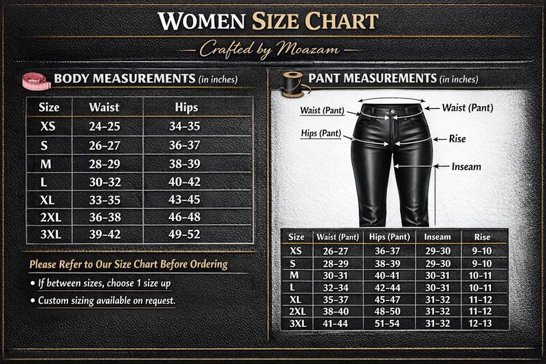 May include: Women's size chart with body and pant measurements in inches. Includes waist and hip measurements for sizes XS to 3XL. The chart also shows the rise and inseam measurements for pants.