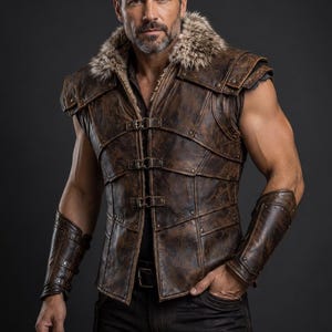 May include: A sleeveless brown leather vest featuring a faux fur collar, metal buckle closures down the front, and structured paneling with visible rivets. The garment is paired with matching brown leather forearm bracers with buckle details.
