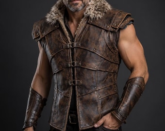Men's Medieval Leather Armor Vest Viking Warrior Costume Renaissance Jerkin LARP Cosplay Fur Collar Brown Leather Vest