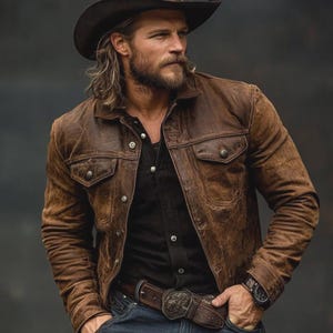 Chaqueta de cuero marrón para hombre hecha a mano: abrigo vintage estilo vaquero occidental