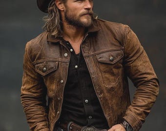 Handmade Men’s Brown Leather Jacket – Vintage Western Cowboy Style Coat