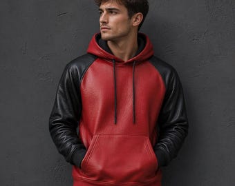 Red Black Leather Hoodie Men Streetwear Slim Fit Urban Hooded Sweatshirt Stylish Jacket