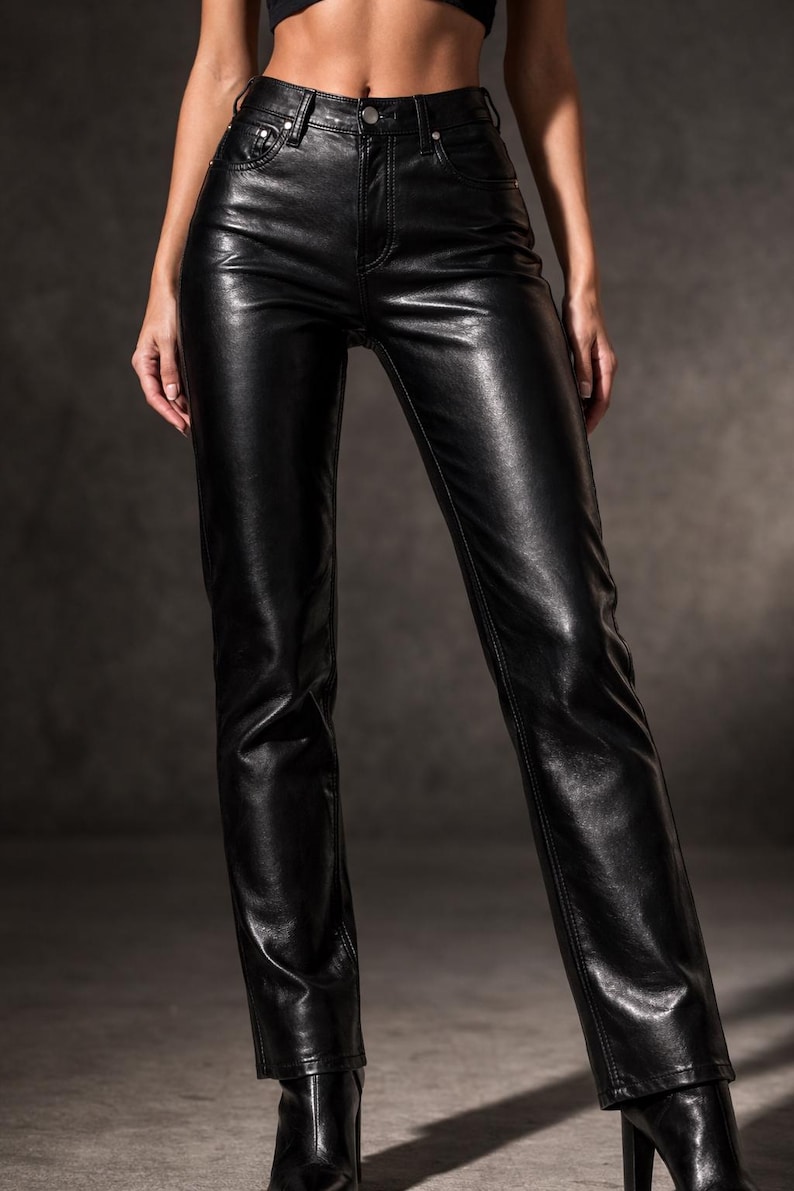 May include: Black leather pants with a classic straight-leg design. The pants have a high waist, a button and zipper closure, and pockets. The material has a shiny finish. The pants are paired with black high-heeled boots.
