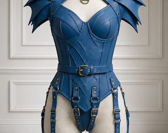 Blue Leather Corset Bodysuit Women Gothic Fantasy Armor Dragon Shoulder LARP Cosplay Renaissance Festival Costume Handmade