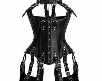 Black Leather Corset Bodysuit Women Gothic Armor Harness LARP Cosplay Steampunk Costume Garter Belt Festival Outfit