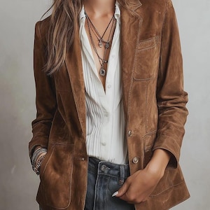 Women’s Brown Suede Jacket | Retro Contrast Stitching Vintage Blazer Coat