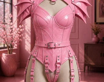 Pink Leather Corset Bodysuit Women Gothic Armor Fantasy Costume Dragon Shoulder LARP Cosplay Renaissance Festival Outfit