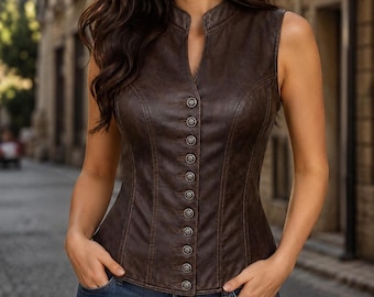 Leather Corset Vest Women Lace Up Biker Waistcoat Gothic Brown Western Top Steampunk Renaissance Handmade Genuine Leather Vest