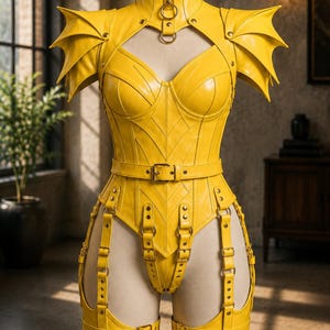 May include: A bright yellow bodysuit featuring a high collar with a metal ring, structured shoulder caps, and a sweetheart neckline. The garment includes a waist belt, multiple adjustable straps with metal buckles, and integrated leg harnesses.