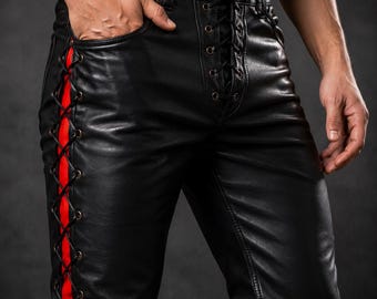 Mens Black Genuine Leather Lace Up Pants Gothic Biker Motorcycle Punk Rock Handmade Slim Fit Leather Trousers for Men