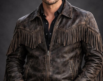 Men’s Sheepskin Leather Fringe Jacket – Western Cowboy Vintage Black Statement Outerwear, Handmade Streetwear Jacket