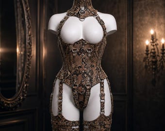 Snakeskin Leather Corset Bodysuit for Women | Gothic Harness Lingerie | Handmade Adjustable Garter Belt Festival Outfit | Gift For Her