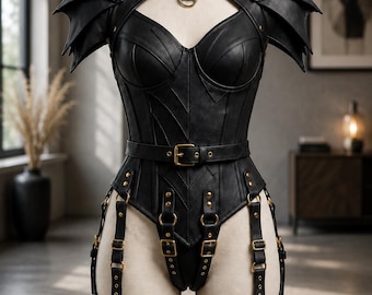Black Leather Corset Bodysuit Women Gothic Armor Fantasy Costume Dragon Shoulder LARP Cosplay Renaissance Festival Outfit