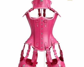 Pink Leather Corset Bodysuit Women, Gothic Fantasy Armor Harness, Steampunk Lingerie Outfit, LARP Cosplay Costume, Renaissance Festival Wear