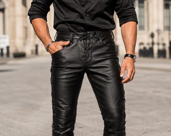 Men's Black Genuine Leather Lace Up Pants, Handmade Biker Motorcycle Trousers, Gothic Punk Rock Slim Fit Leather Pants for Men, Custom Style