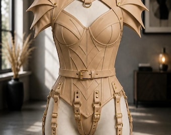 Beige Leather Corset Bodysuit Women Gothic Fantasy Armor Dragon Shoulder Steampunk LARP Cosplay Renaissance Festival Outfit