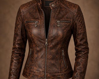 Women’s Brown Leather Jacket Stand Collar Distressed Biker Jacket Slim Fit Moto Coat Handmade Vintage Leather Outerwear