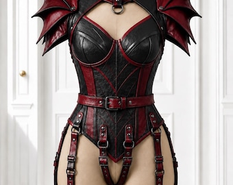 Red and Black Leather Corset Bodysuit Women Gothic Fantasy Armor Dragon Shoulder LARP Cosplay Costume Festival Outfit Handmade