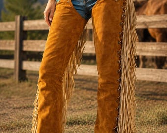 Cowgirl Chaps Women Leather Western Fringe Pants Suede Buckskin Rodeo Outfit Festival Wear Country Style Gift for Her