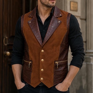 Handmade Men Suede Leather Vest Croco Embossed Biker Waistcoat Slim Fit Western Motorcycle Vest Gift for Him