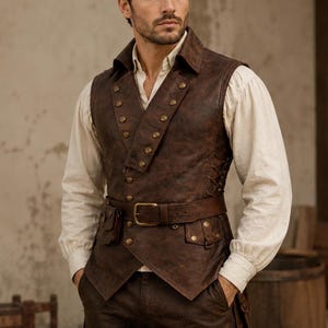 Pirate Leather Vest Mens Renaissance Costume Waistcoat Medieval LARP Buccaneer Halloween Cosplay Outfit
