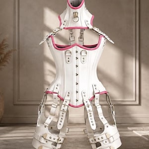 White Pink Leather Corset Bodysuit Women Gothic Fantasy Armor Harness LARP Cosplay Renaissance Festival Outfit Pastel Goth Costume