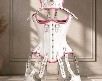 White Pink Leather Corset Bodysuit Women Gothic Fantasy Armor Harness LARP Cosplay Renaissance Festival Outfit Pastel Goth Costume