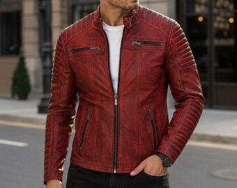 Men's Red Distressed Leather Biker Jacket, Vintage Cafe Racer Motorcycle Jacket, Genuine Leather Zip Up Coat, Handmade Gift for Him