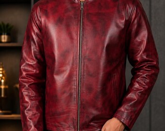 Men’s Burgundy Leather Jacket, Distressed Red Leather Motorcycle Jacket, Vintage Biker Jacket, Genuine Leather Zip Up Jacket, Gift for Him