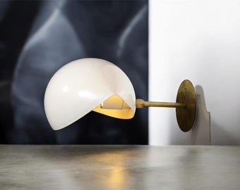 Handmade White Brass Wall Sconce, Mid Century Minimalist Bedside Lighting Fixture