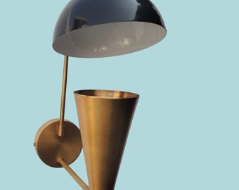Mid Century Modern Brass Wall Sconce | Black Dome & Brass Cone Shade Lighting Fixture
