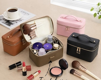 Personalized Leather Makeup Bag Travel Cosmetic Case Custom Name Toiletry Organizer Zipper Beauty Box Gift for Her Wedding Birthday