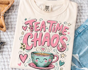 Caos a la hora del té PNG, Taza de té linda PNG, Estilo retro femenino PNG, Descarga de sublimación de moda