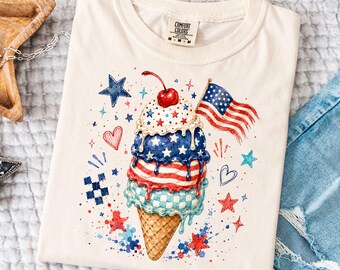 Cono de helado retro patriótico y divertido en formato PNG, diseño gráfico de acuarela pintado a mano, descarga digital.