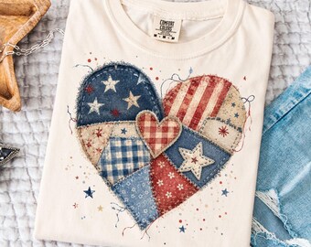 Corazón de patchwork patriótico PNG, diseño gráfico de acuarela pintado a mano, descarga digital