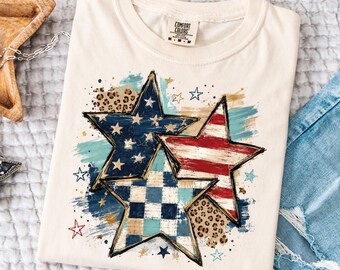 PNG de estrellas patrióticas, diseño de estrellas de la bandera estadounidense, diseño de sublimación a cuadros de leopardo para el 4 de julio, PNG moderno para descarga digital de camisetas de EE. UU.