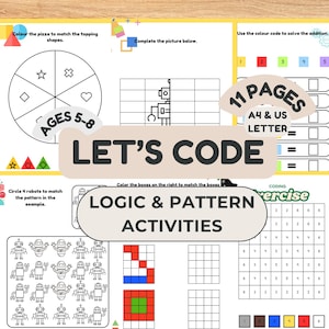 Może przedstawiać: Karty aktywności edukacyjnych dla dzieci w wieku 5-8 lat, zawierające ćwiczenia z kodowania, łamigłówki logiczne i gry rozpoznawania wzorów. Strony zawierają zadania takie jak dopasowywanie kształtów i rozwiązywanie dodawania. Tytuł: "LET'S CODE".