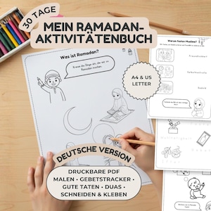 May include: A coloring book with the text "Mein Ramadan-Aktivitätenbuch" and "Deutsche Version". The book includes illustrations of children, a crescent moon, and text bubbles. A box of colored pencils is in the upper left corner.