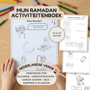 May include: A children's activity book titled "MIJN RAMADAN ACTIVITEITENBOEK" with illustrations and text in Dutch. The book includes coloring pages, a prayer tracker, and other activities. Crayons and a pencil are scattered around the book.