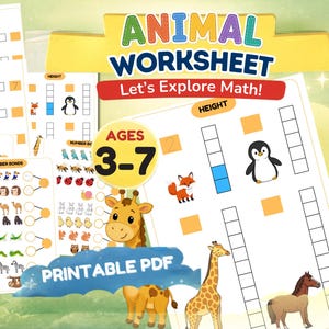 May include: Animal worksheet for ages 3-7 with colorful illustrations. The printable PDF features math activities exploring length and height, with animal-themed number bonds. Includes a parrot, crocodile, tiger, penguin, fox, giraffe, and horse.