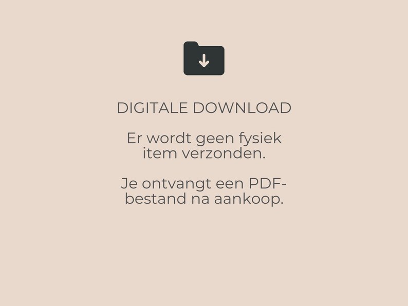 May include: A digital download graphic on a beige background. The text reads "DIGITALE DOWNLOAD" and further explains that no physical item will be shipped, and a PDF file will be received after purchase. A black folder icon with a downward arrow is at the top.