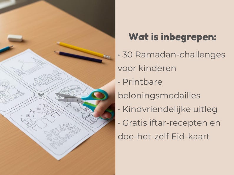 May include: A white paper with line drawings and the text "Eid Mubarak" is being cut with blue and green scissors. The paper has drawings of mosques and people. Pencils and an eraser are on the wooden surface.
