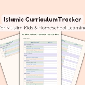 Pode incluir: Um rastreador de currículo islâmico para crianças muçulmanas e ensino doméstico. O documento apresenta um layout de grade com colunas para Habilidade/Tópico e Notas, organizado em seções como Aqidah, os cinco pilares do Islã, Salah, Zakat.