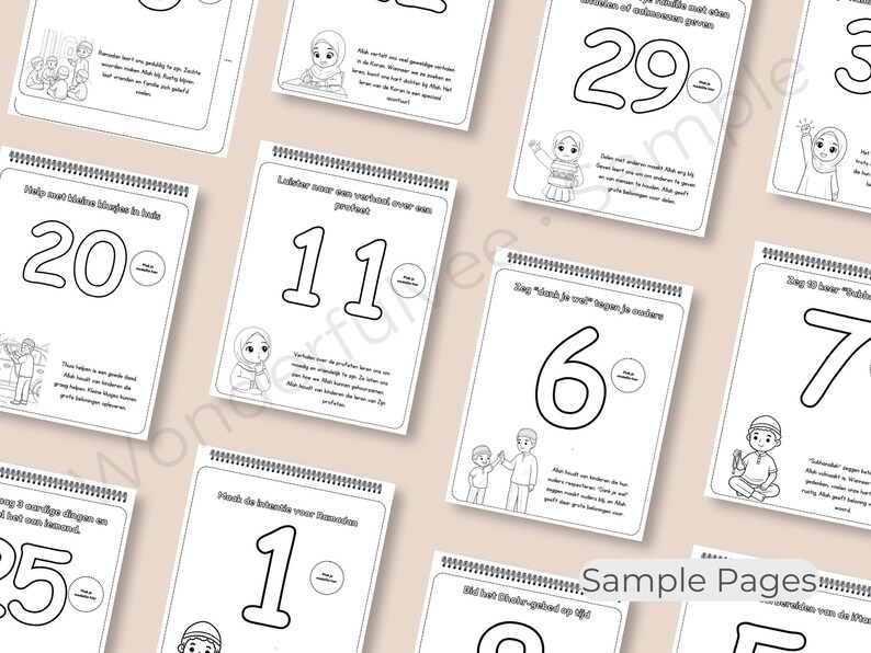 May include: A collection of spiral-bound coloring books with black and white illustrations and numbers. Each page features a number, a small illustration of people, and text. The words "Sample Pages" are visible.