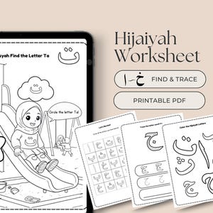 May include: Black and white Hijaiyah worksheet for children. The worksheet includes a drawing of a girl on a playground slide, and the text "Help Aisyah Find the Letter Ta". Additional worksheets are visible with Arabic letters.