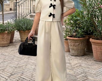 Ivory Baby Girl Jumpsuit, Flower Girl Outfit, Toddler Wide Leg Romper, Black Bow Outfit, Birthday Party Outfit, Elegant Kids Wear